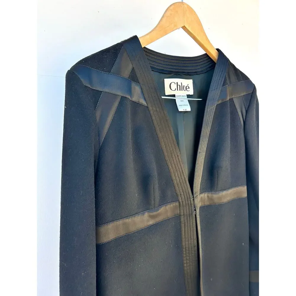 Chloé Chloe Black Wool Cashmere Jacket Leather Trim Paris 40 Cardigan